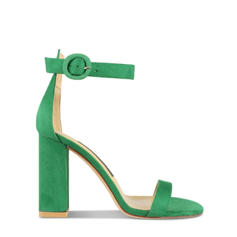 Green Ankle Strap Block Heel Sandals