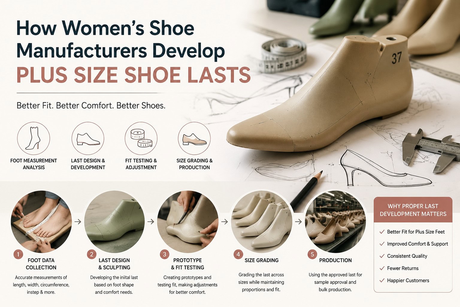 Plus size shoe last development process by women's shoe manufacturers for better fitting and comfort