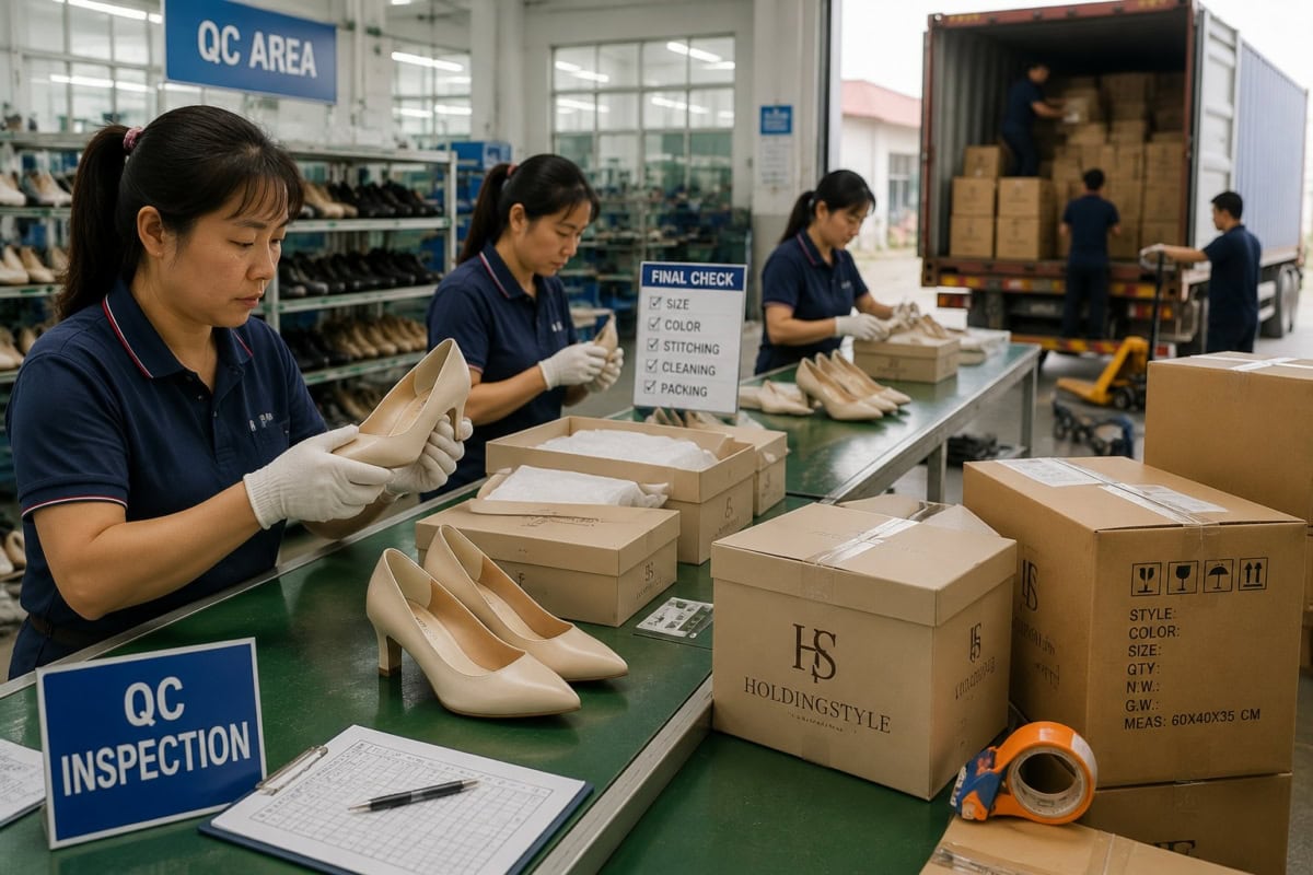 Quality control inspection and global shipping for footwear production