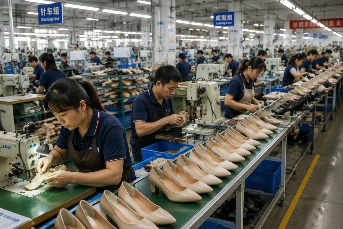 Women's shoe manufacturing production line in footwear factory