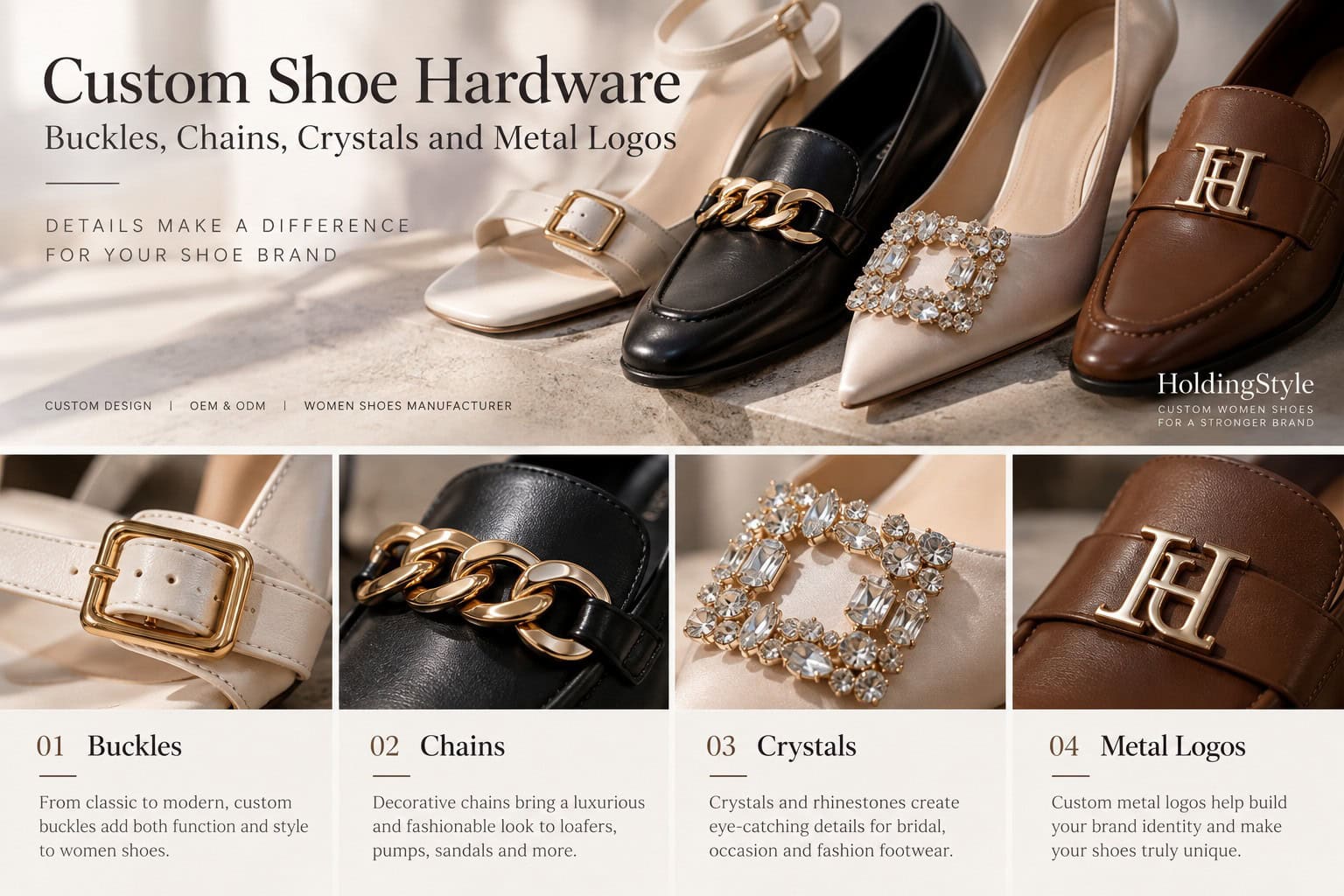 Custom shoe hardware including buckles, chains, crystals and metal logos for women shoes